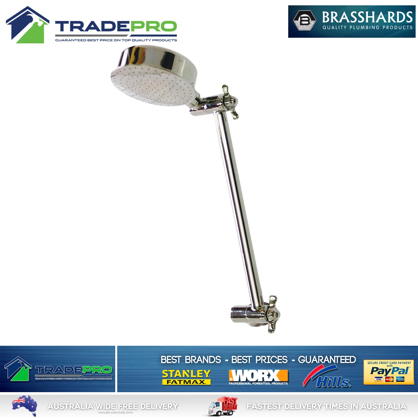 Shower Head & Arm Kit Brasshards® PRO EZYFIT Hi-Low Chrome All Directional WELS