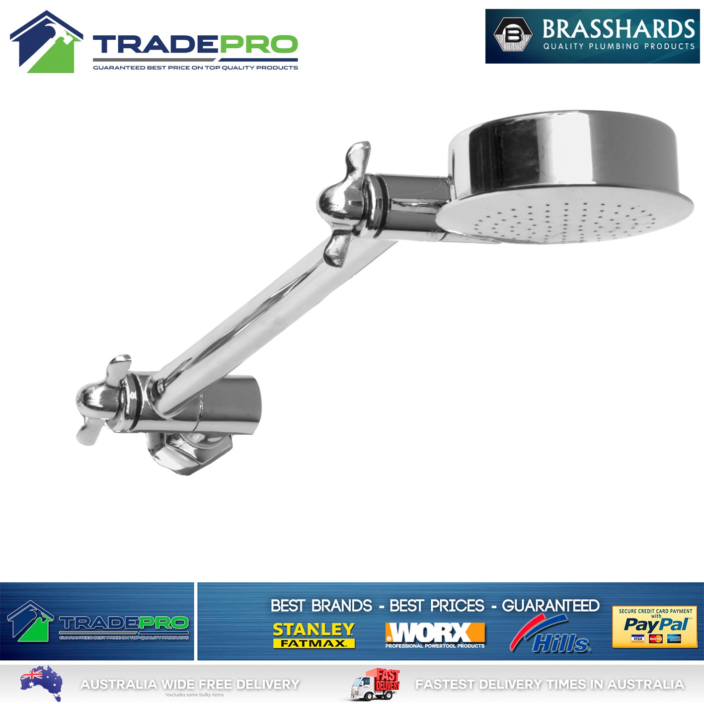 Shower Head & Arm Kit Brasshards® PRO EZYFIT Hi-Low Chrome All Directional WELS