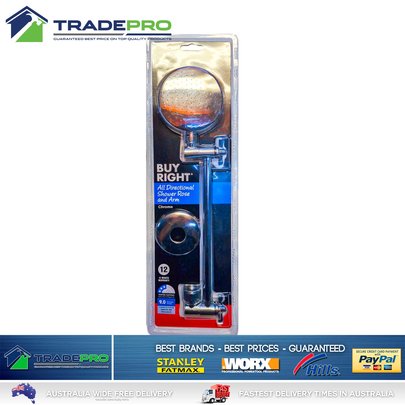 Shower Head & Arm Kit Buyright® PRO EZYFIT Hi-Low Chrome All Directional WELS