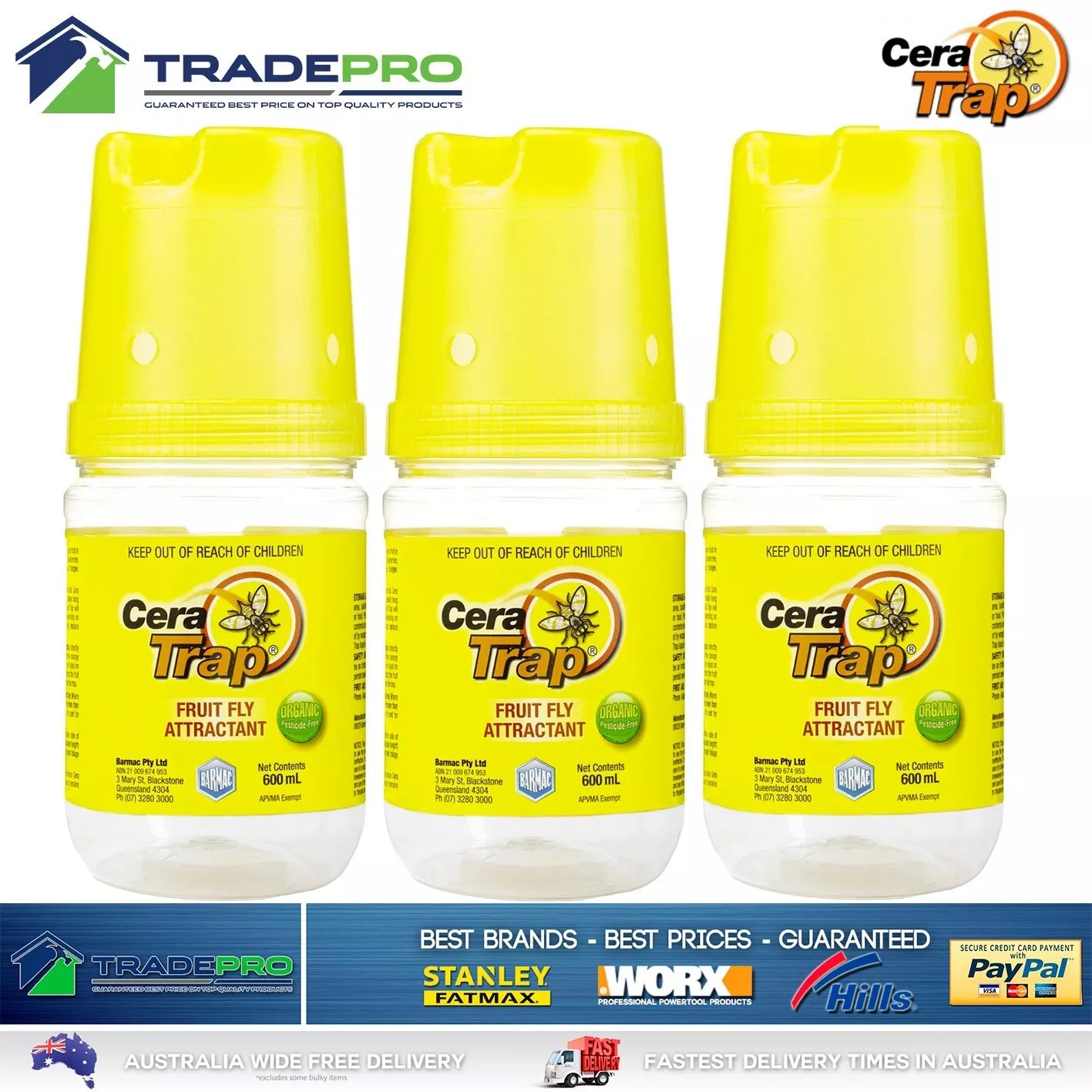 3x Fruit Fly Trap Cera Trap® 600ml Organic Fruitfly Catcher Natural Empty