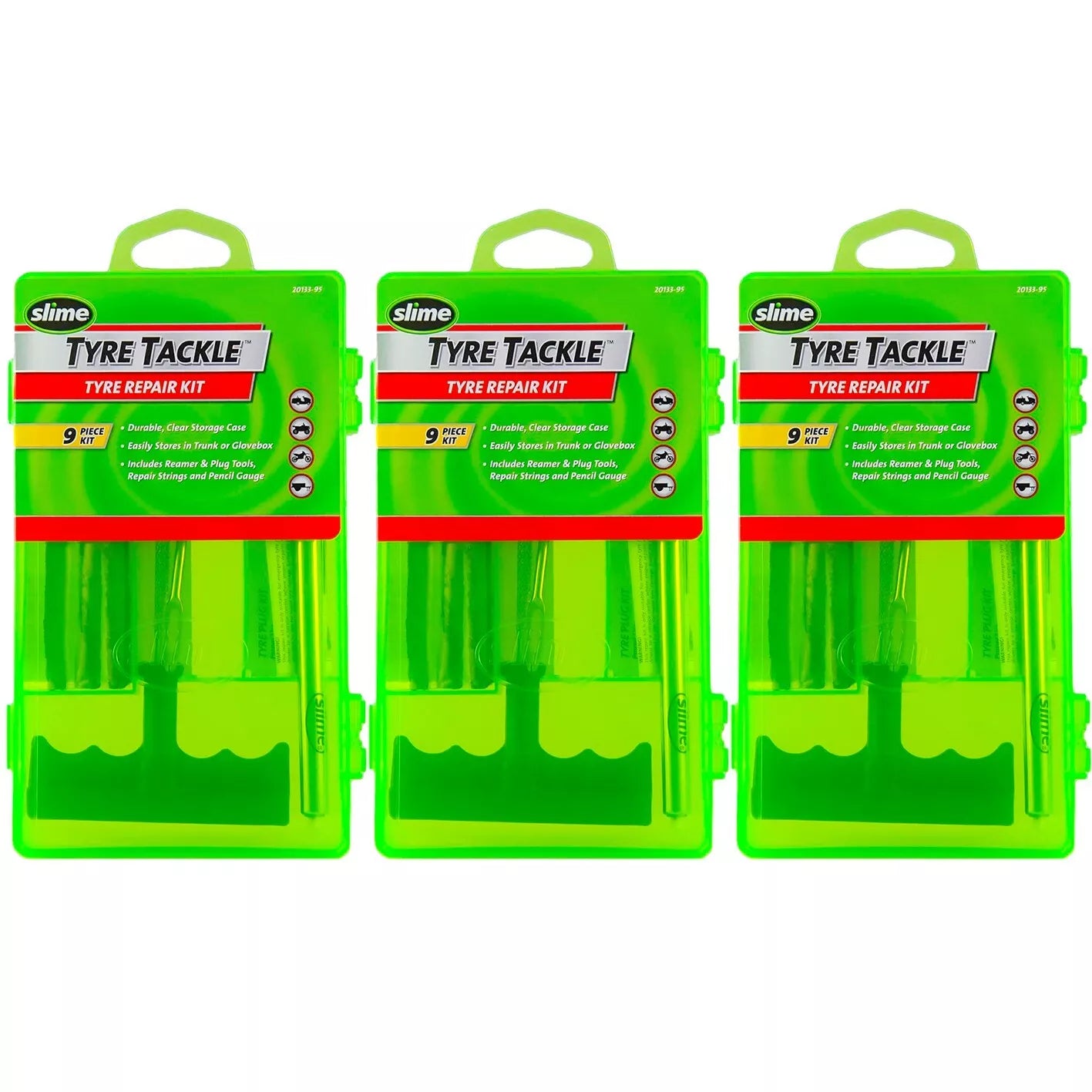 3x SLIME Bike Car Tyre Tire Puncture Repair Solution Kit 9pc with Gauge & Plugs