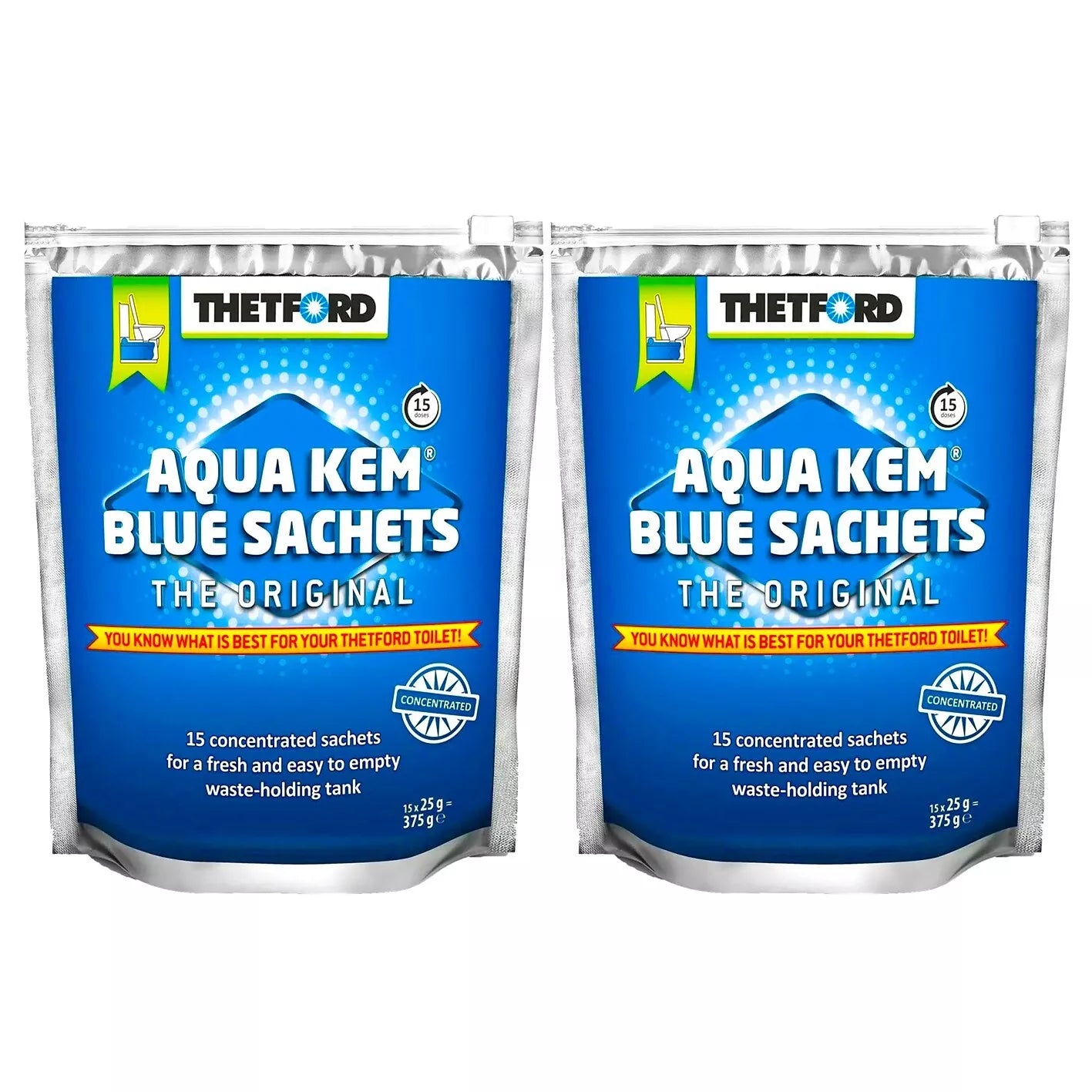 2x Thetford Aqua Kem Concentrated Toilet Sachets 15 Pack Blue Original ComChem