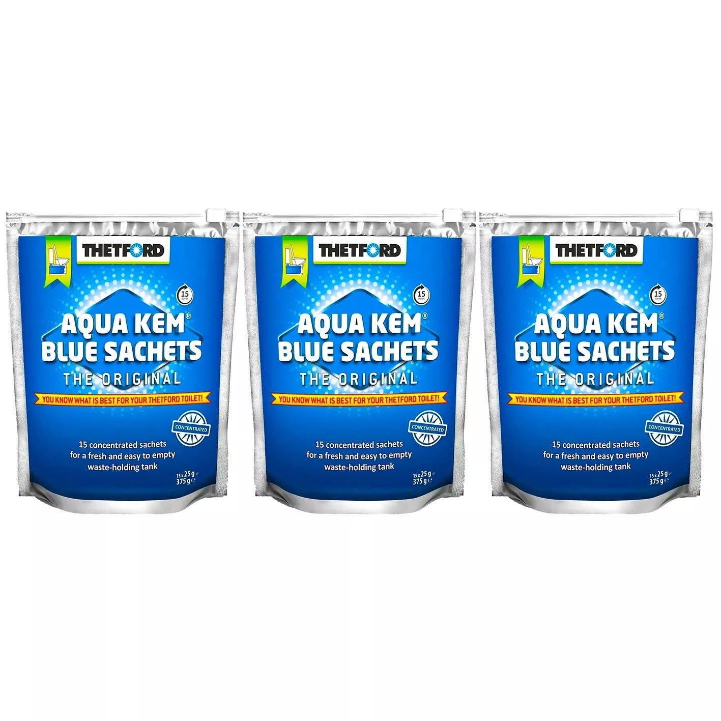 3x Thetford Aqua Kem Concentrated Toilet Sachets 15 Pack Blue Original ComChem