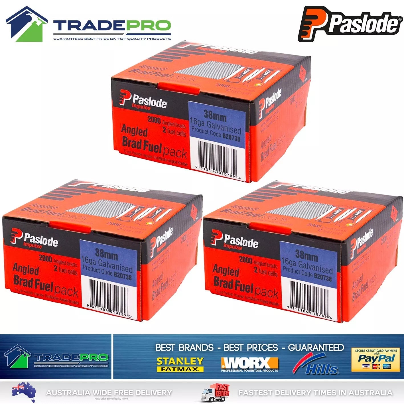 3x Paslode Genuine Impulse Trimmaster 38mm 2000 16 Gauge Angled Nails & 2x Gas