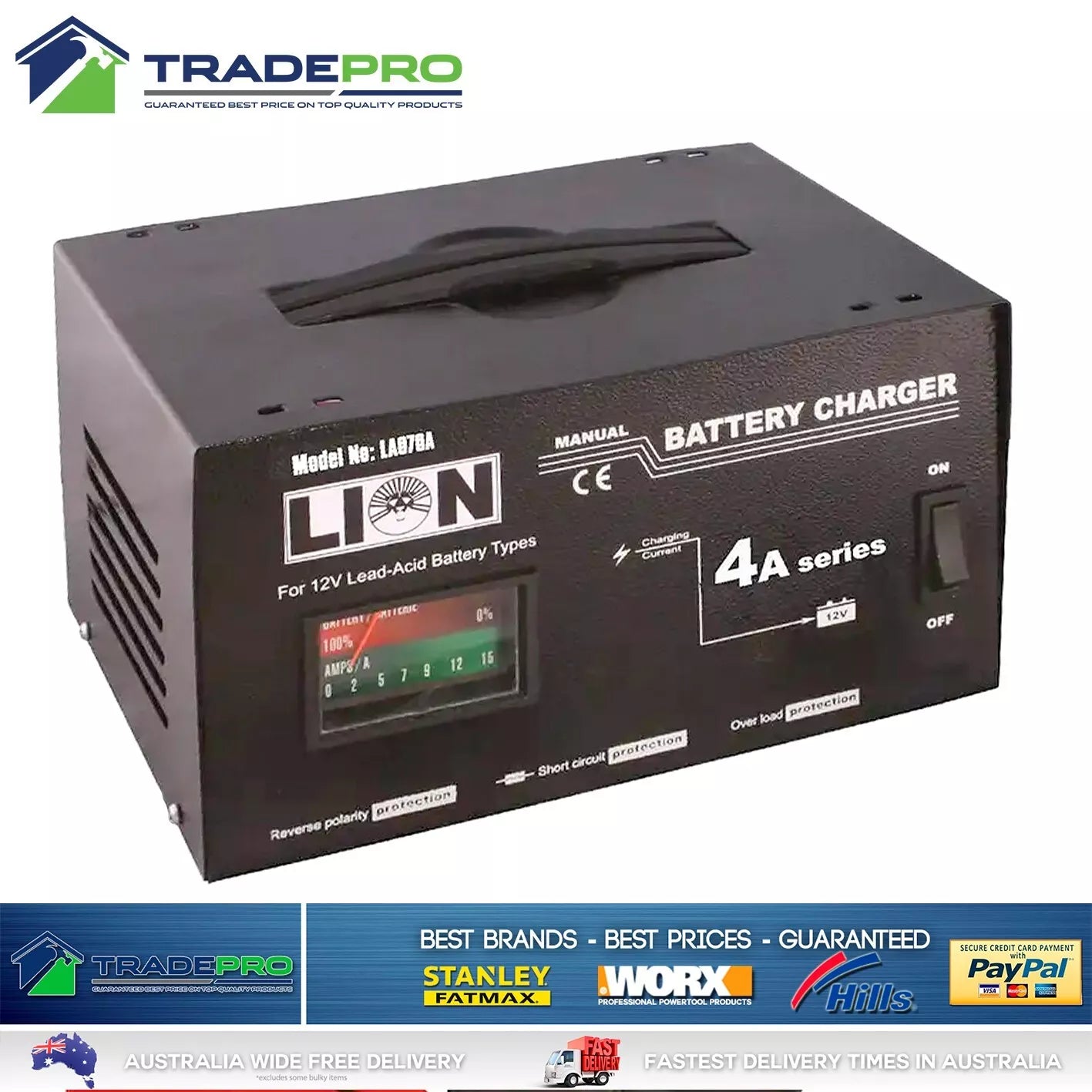 Battery Charger PRO 12V 4 Amp Arlec Style Auto Car Bike Trickle Charge Lion