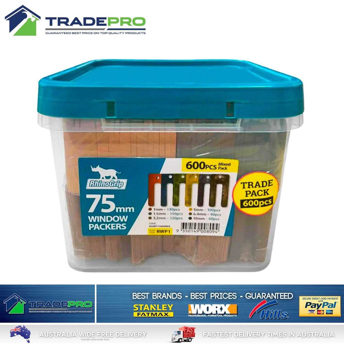 Window Packers 75mm 600pc Trade Mixed Box Packing Shims Plastic Horseshoe Wedge