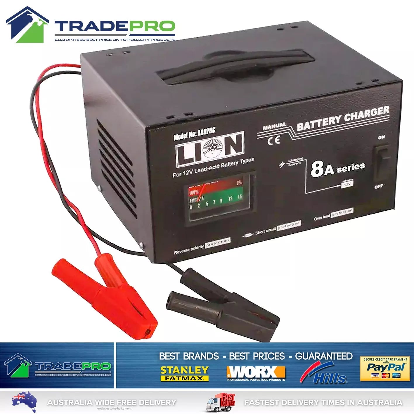 Battery Charger PRO 12V 8 Amp Arlec Style Auto Car Bike Trickle Charge Lion