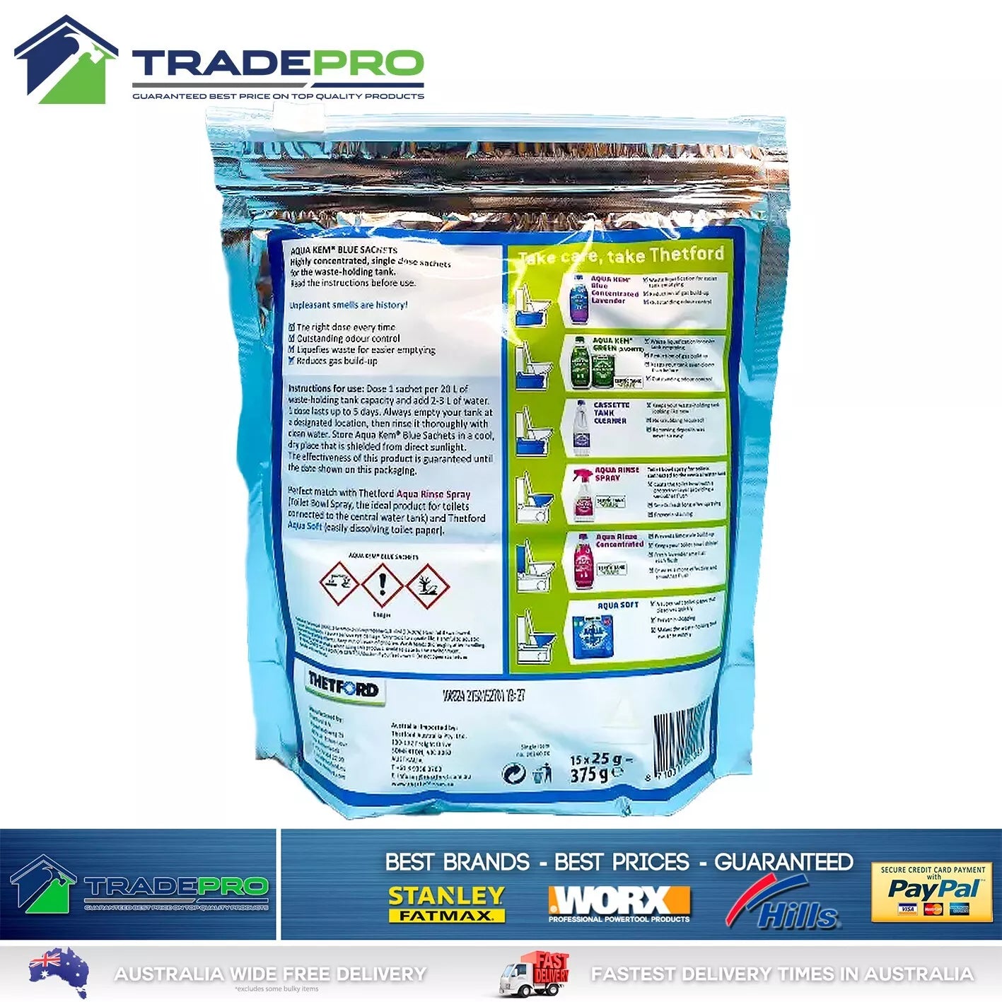 3x Thetford Aqua Kem Concentrated Toilet Sachets 15 Pack Blue Original ComChem