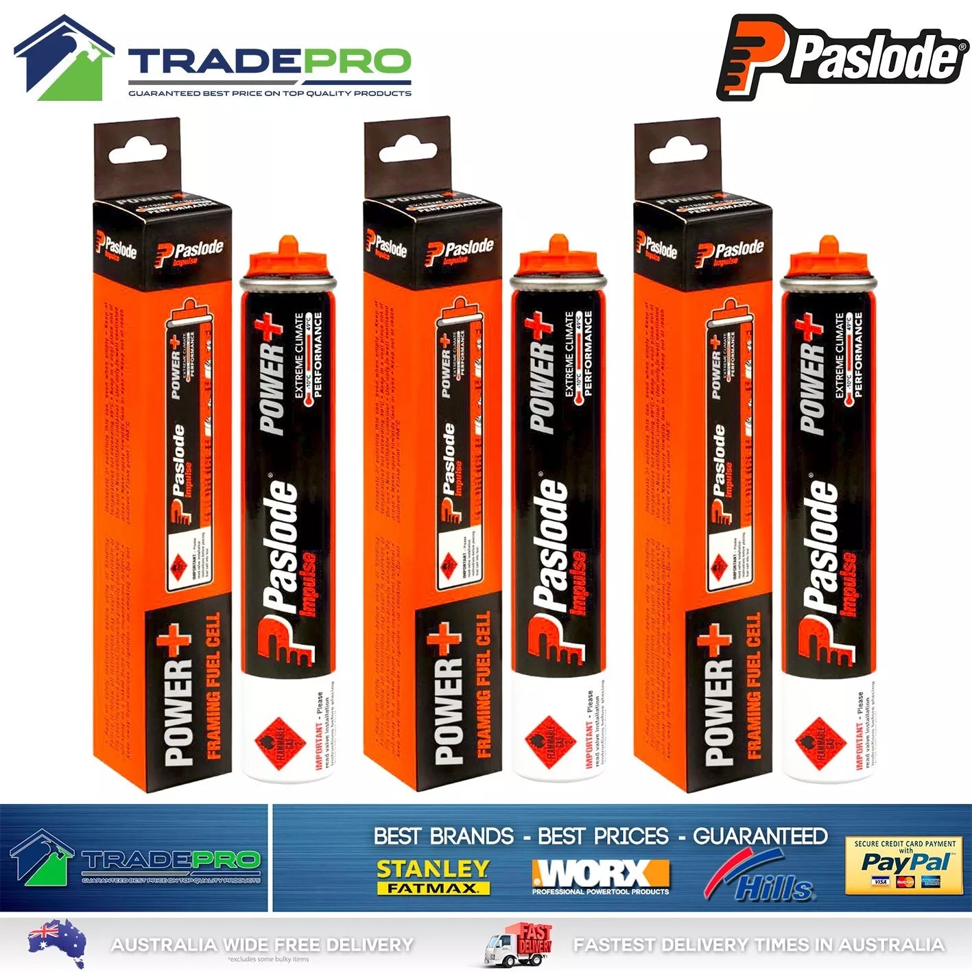 3x Paslode Genuine Impulse Fuel Cell Twist N Lock Tall Gas Cartridge B20543F