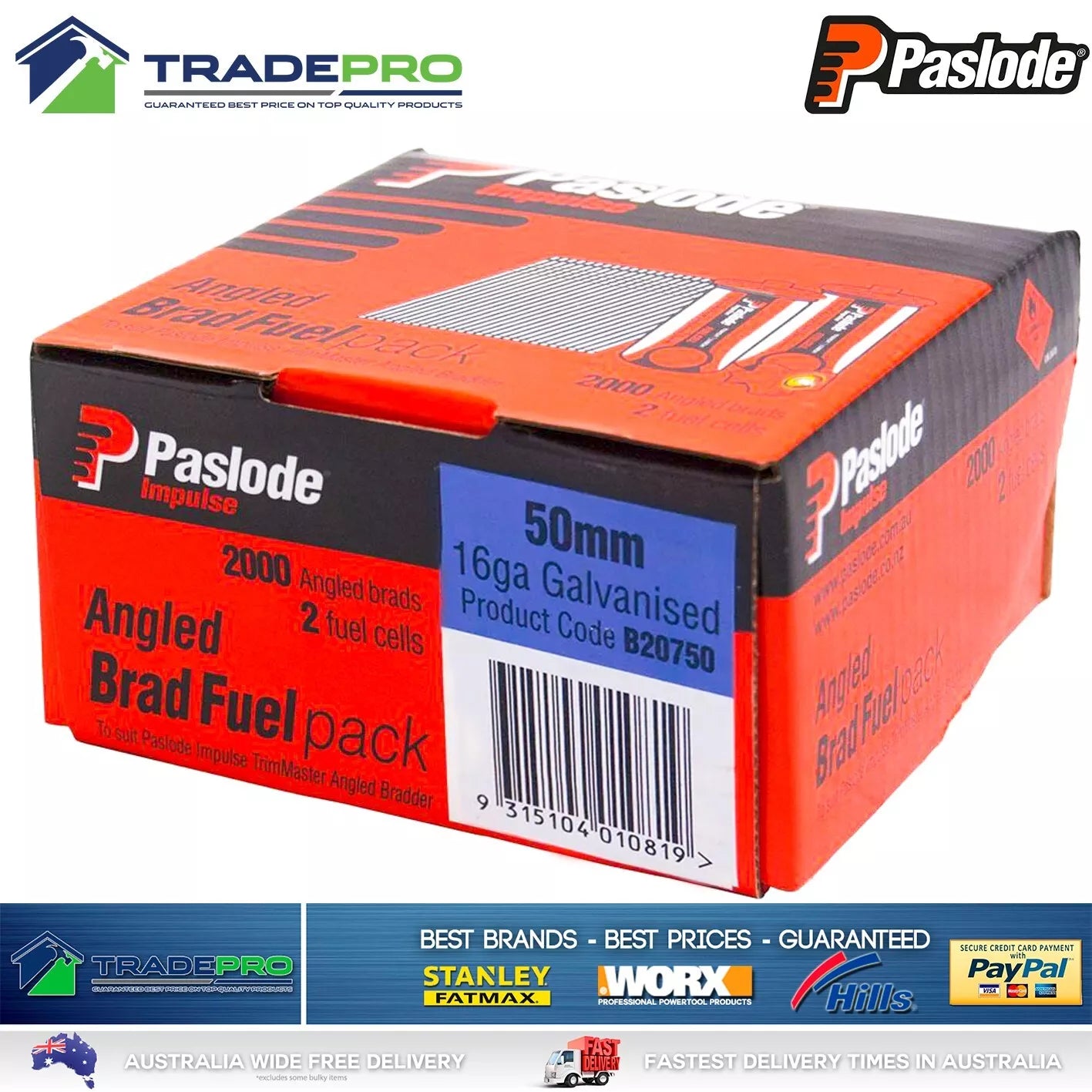 Paslode Genuine Impulse Trimmaster 50mm 2000 16 Gauge Angled Nails & 2x Gas