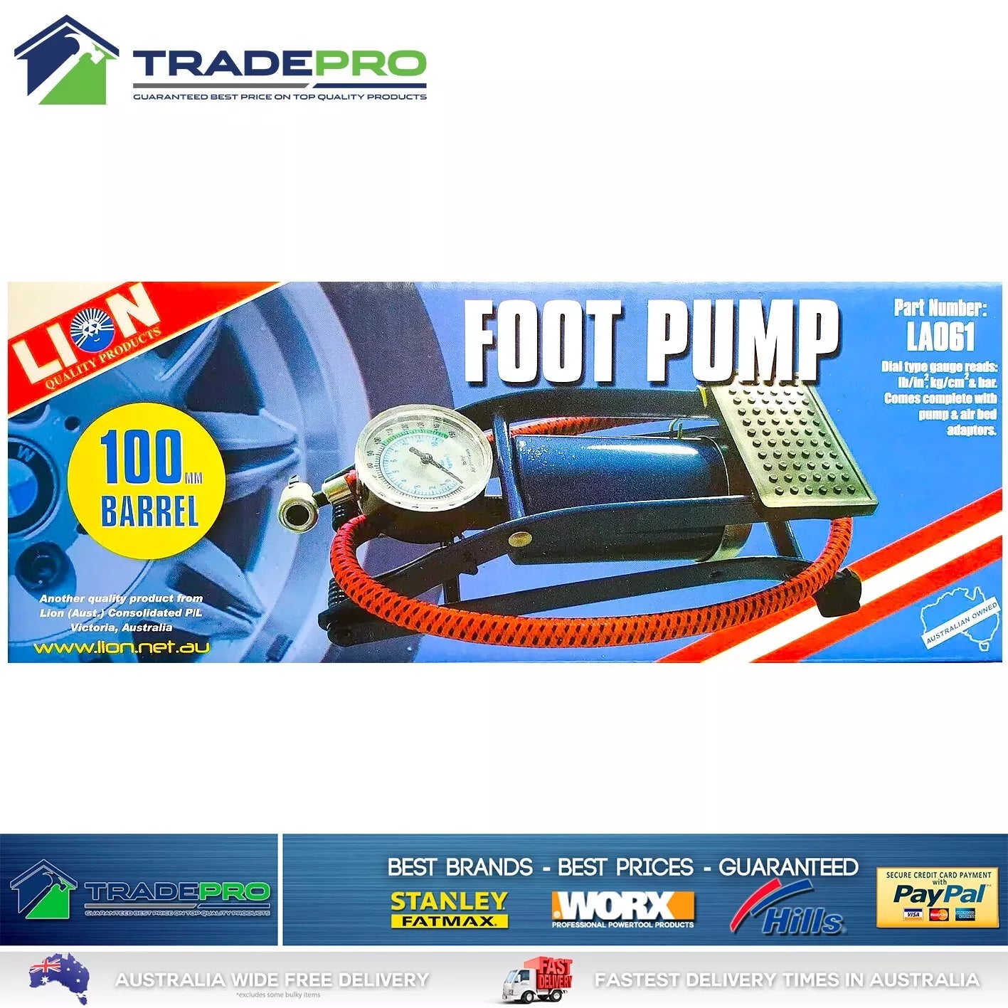 Foot Pump Tyre Inflator & Gauge 100mm Barrell Bike Car ATV Lion Air Compressor