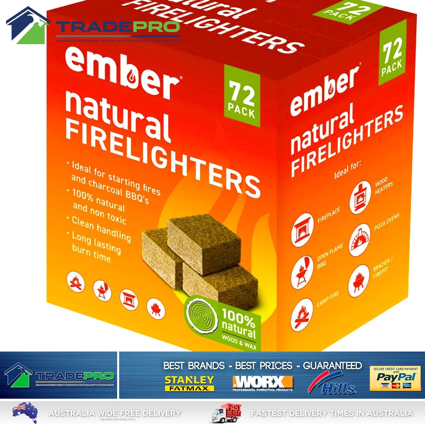 Ember Firelighters Starter Cube 72 Pc Low Odour Wood Fire Kindling BBQ Lighter