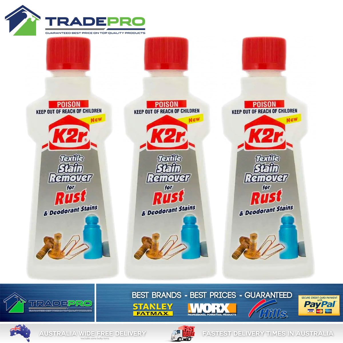 3x K2R Textile Stain Remover For Rust Deodorant Stain Clothes Fabric Carpet 50ml