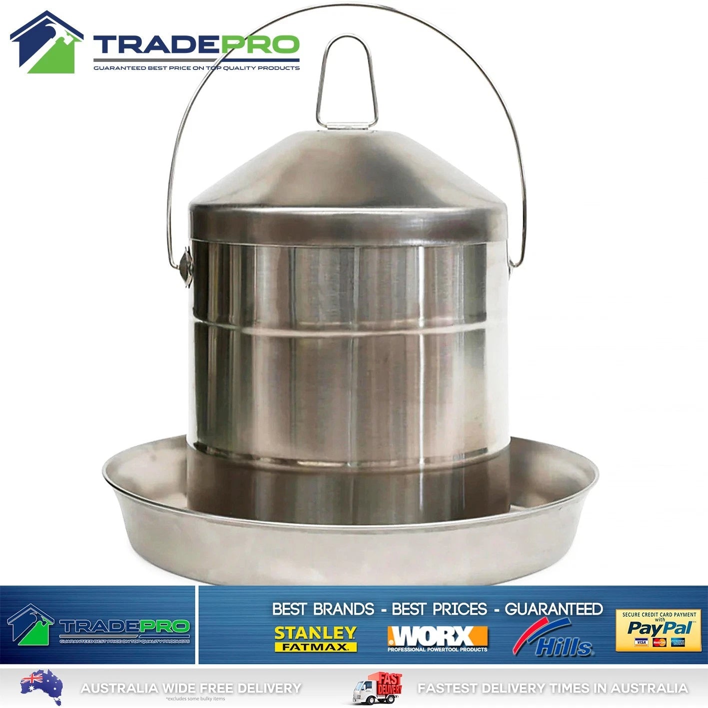 Poultry Drinker Stainless Steel 9L Metal Hanging with Handle Greenleaf Chicken