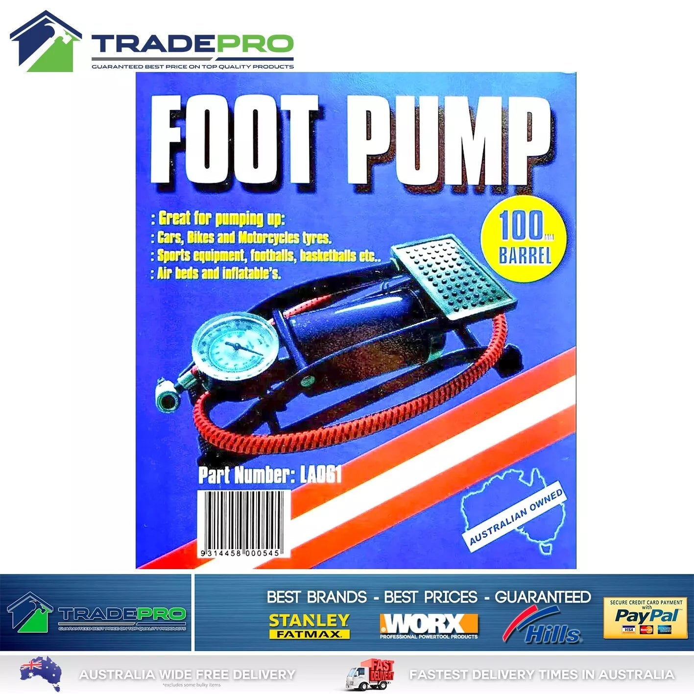 Foot Pump Tyre Inflator & Gauge 100mm Barrell Bike Car ATV Lion Air Compressor