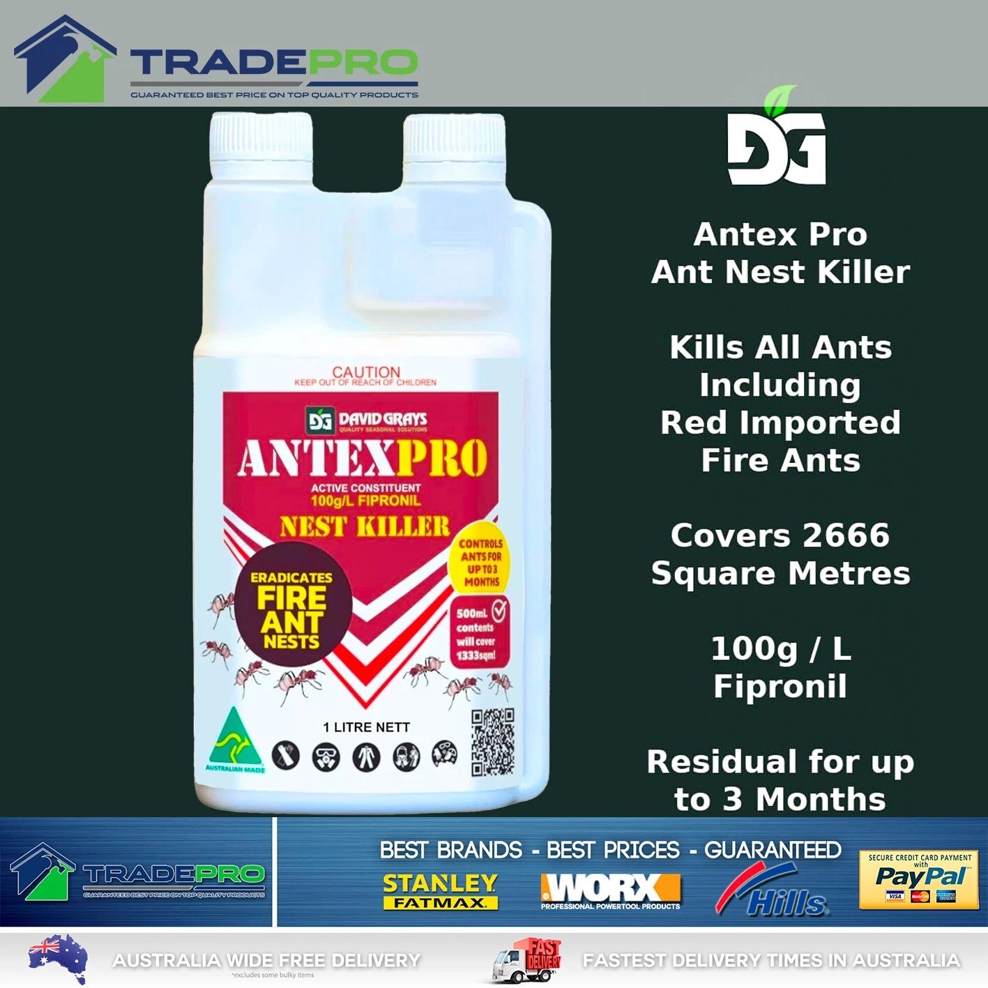 2x Ant Nest Killer Spray 1L Antex PRO Fipronil 100g/L Fireant Pest David Grays