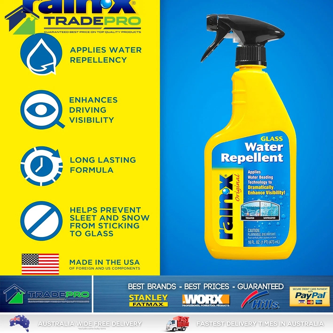 RainX Original Glass Treatment 473ml Repels Water Windscreen Rain