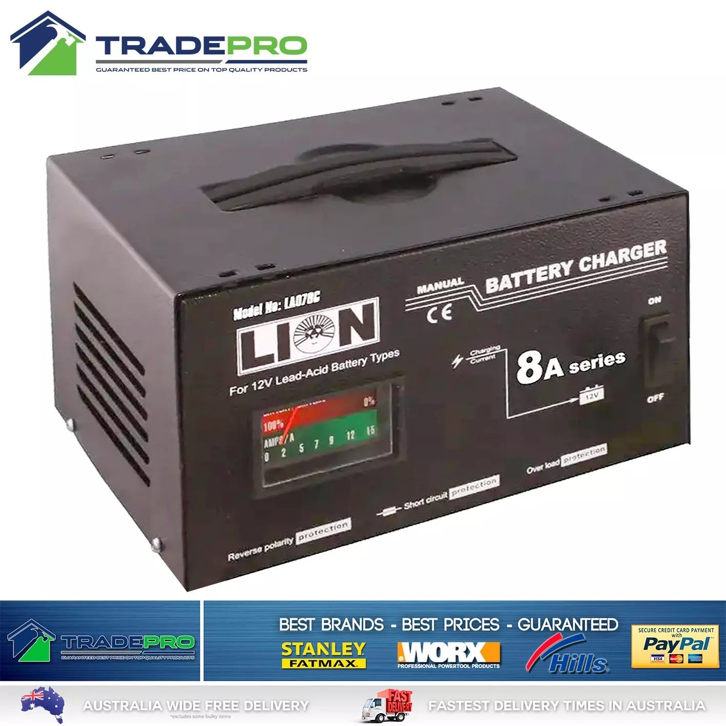 Battery Charger PRO 12V 8 Amp Arlec Style Auto Car Bike Trickle Charge Lion