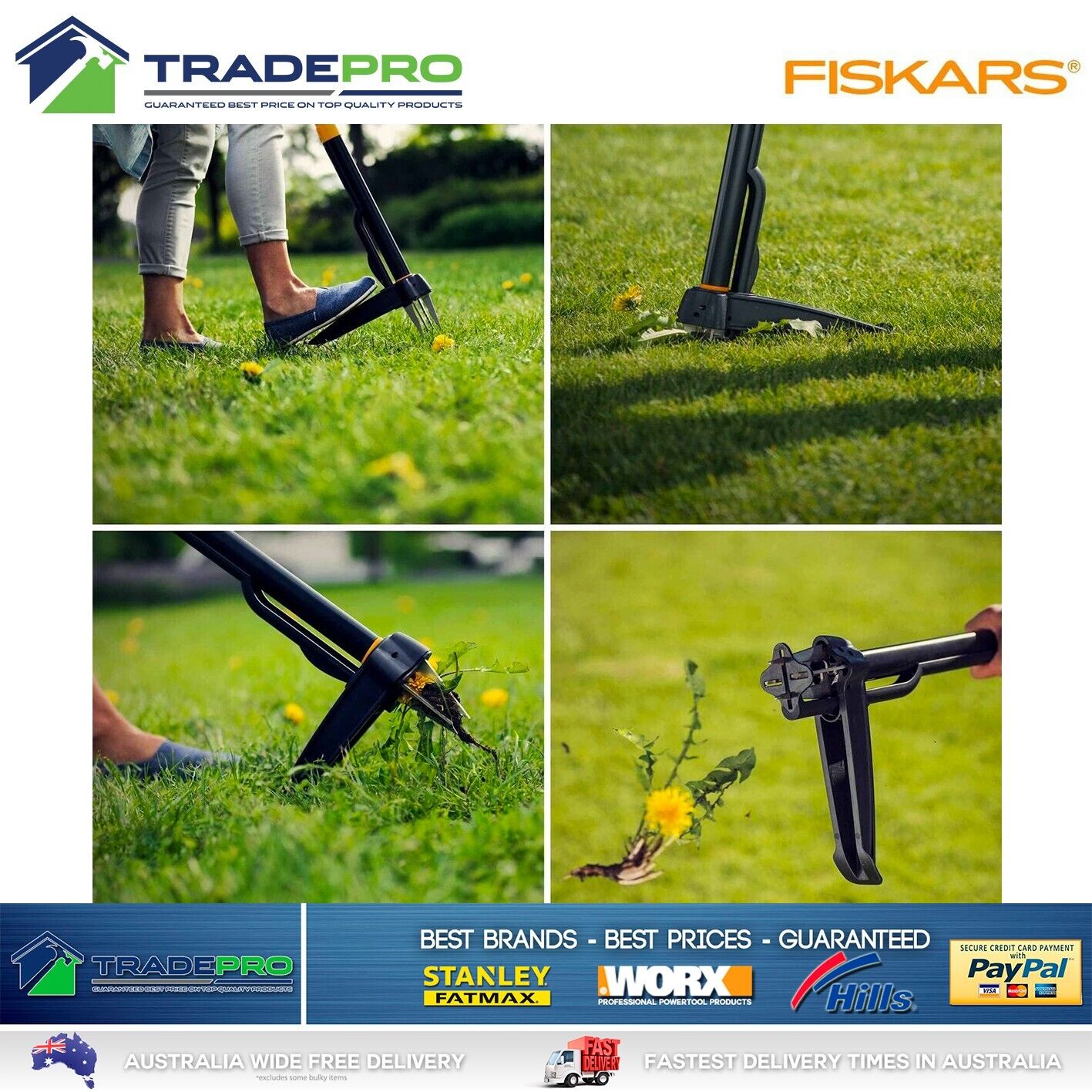 Fiskars Weed Puller Long Handled Xact 4 Prong Weeder Stainless Steel Claw Garden