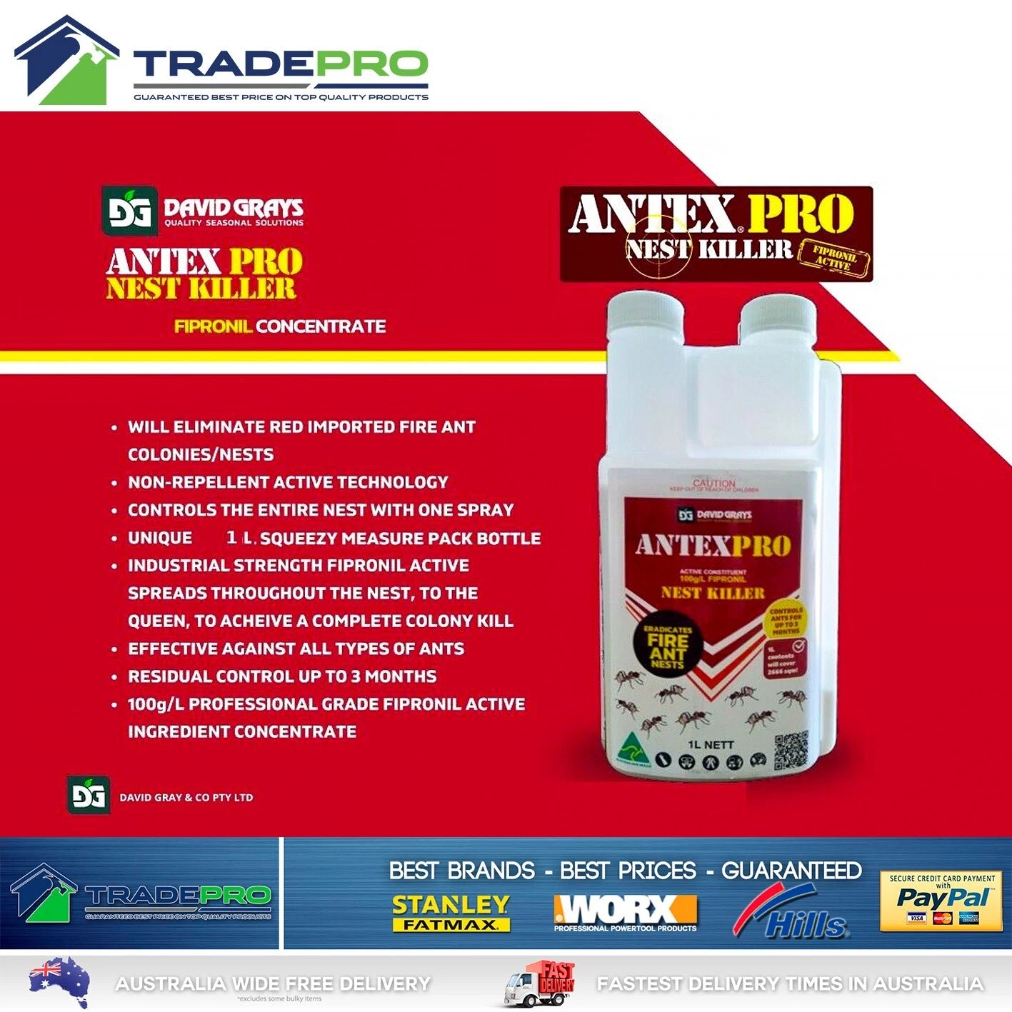 2x Ant Nest Killer Spray 1L Antex PRO Fipronil 100g/L Fireant Pest David Grays