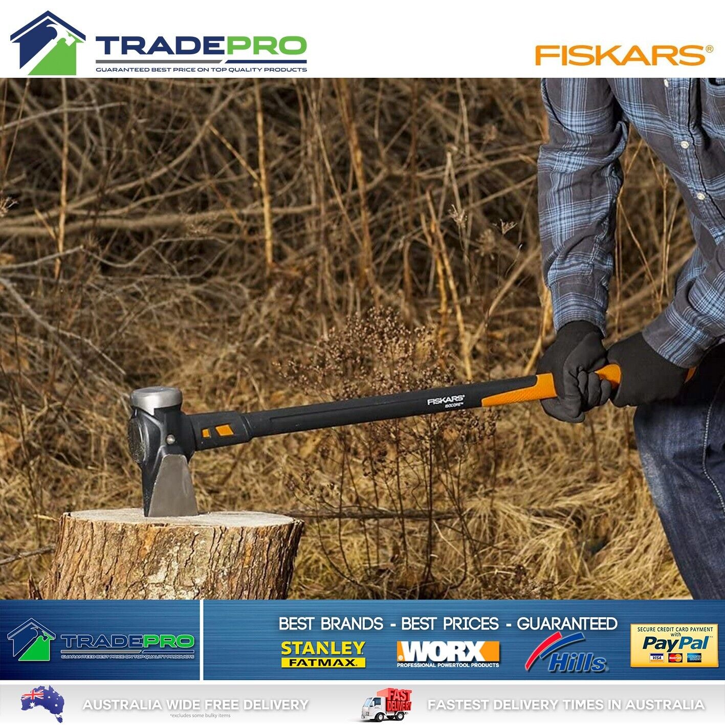 Genuine Fiskars® 3.6kg Maul Blocksplitter IsoCore Axe Timber Log Split Finland