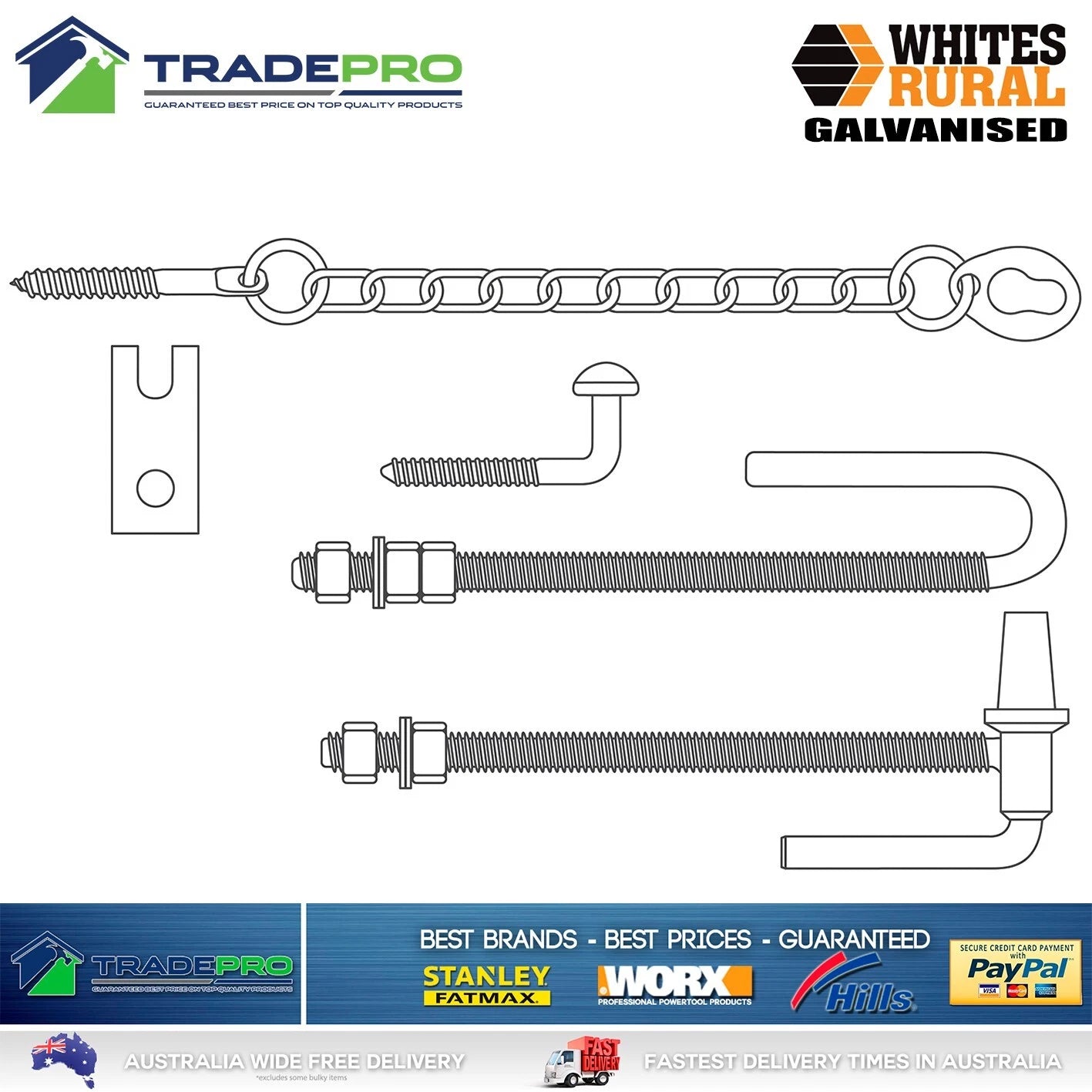 Whites Wires Farm Gate Hinge Kit FG9 Bolt Through Latch Set Hook & Keeper Ring