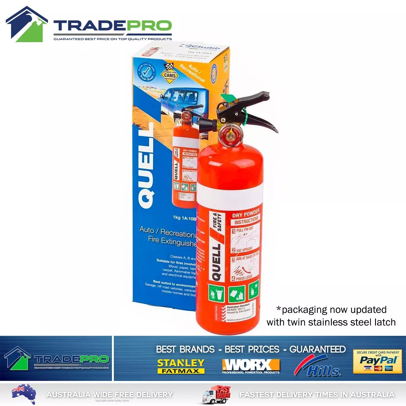 2x Quell Fire Extinguisher Auto Marine 1kg ABE Stainless Twin Latch Bracket