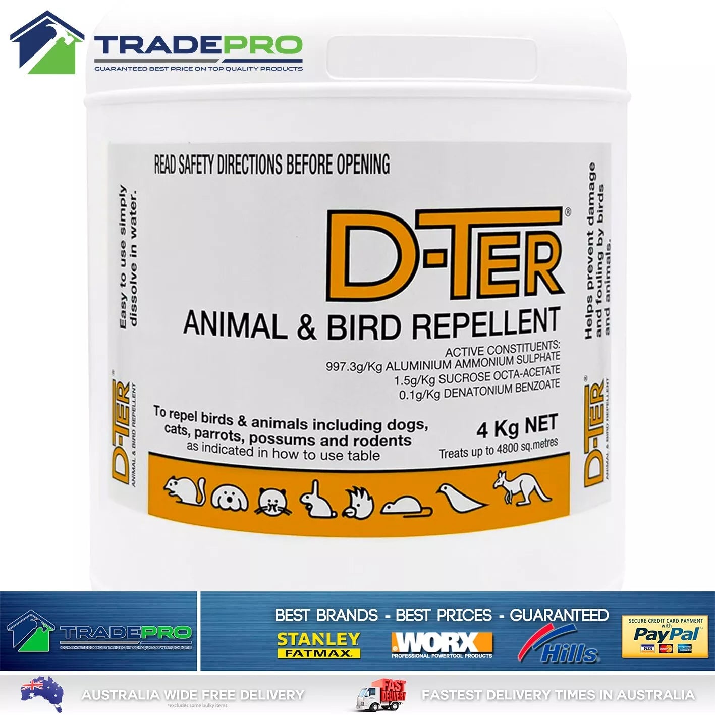 D-Ter Animal Bird Repellent 4kg Possum Deterrent Rabbit Dog Cat Animal Spray