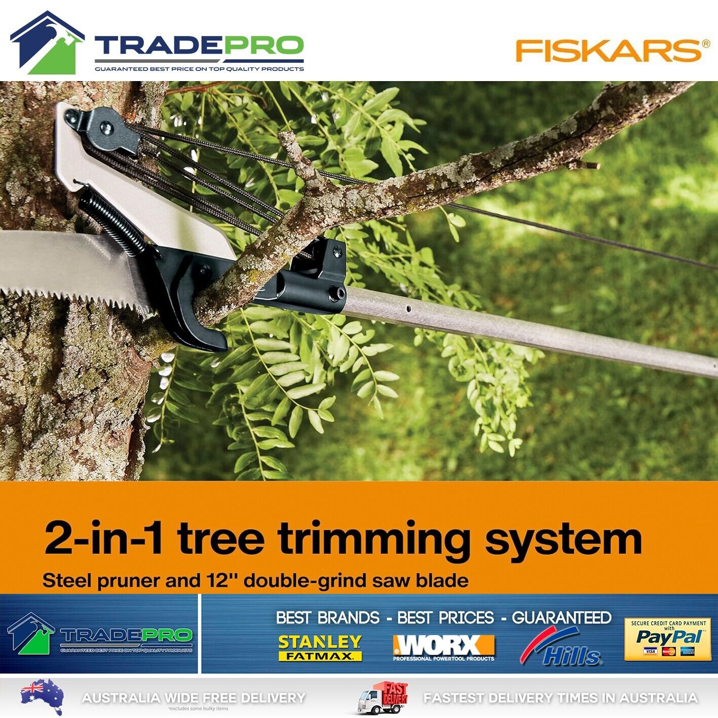 Fiskars Telescopic 3.5m 12ft Long Reach Pole Saw Tree Trimmer Pruner Cutter PRO