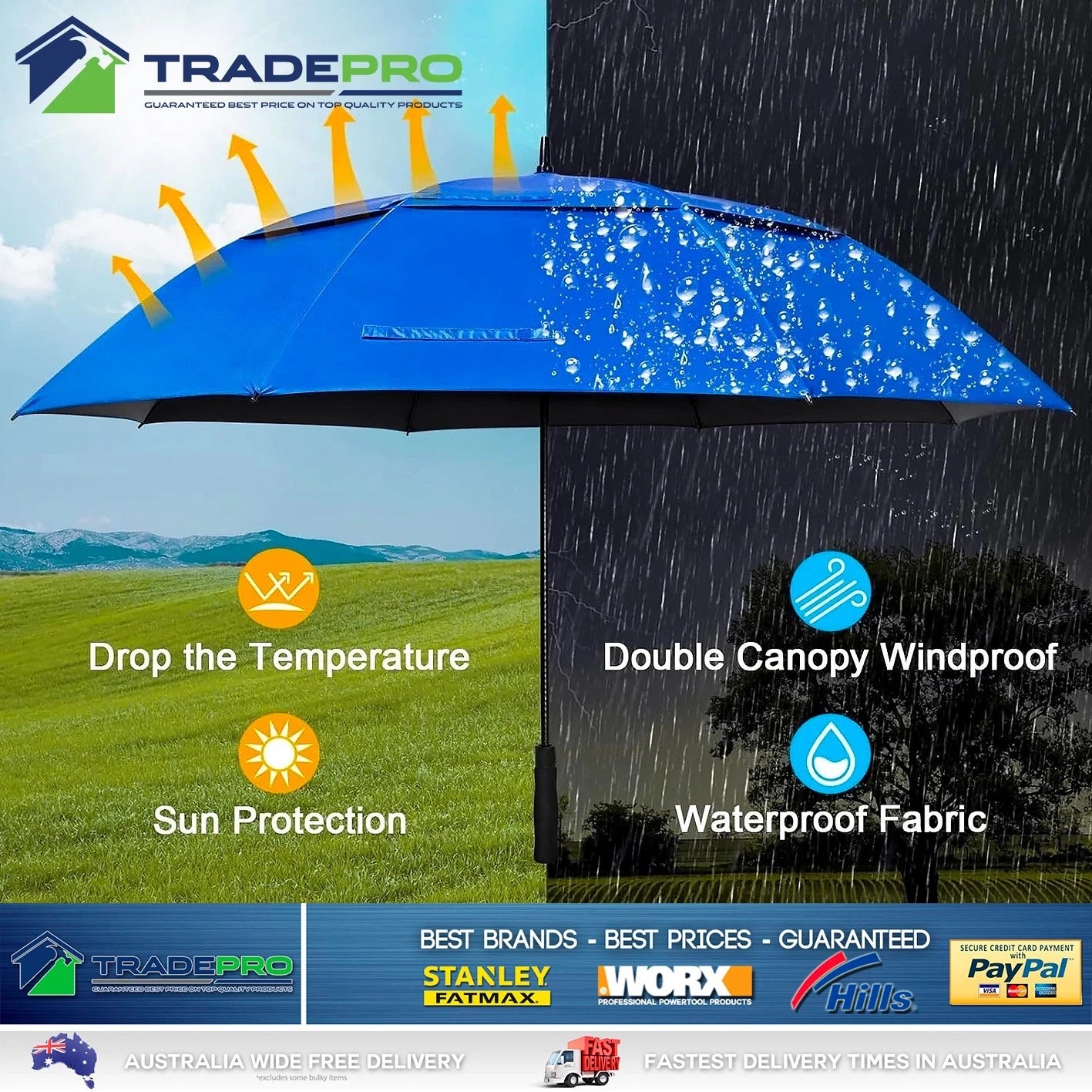 Umbrella Large Windproof Vented Full Size 137cm Storm Waterproof Golf UV Blue