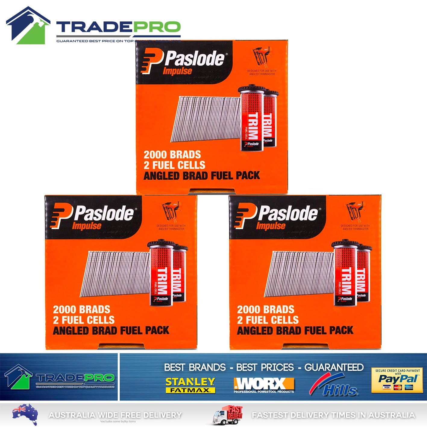 3x Paslode Genuine Impulse Trimmaster 38mm 2000 16 Gauge Zinc Angled Nails & 2x Gas