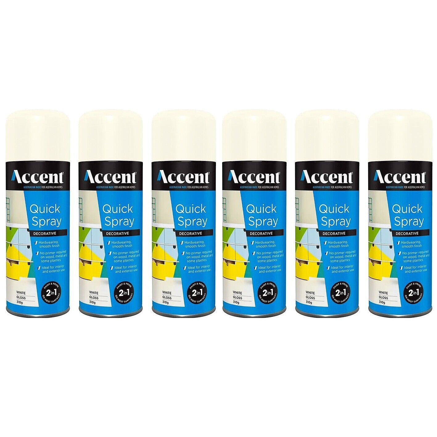 6x Spray Paint Can 310g Gloss White 2in1 PRO Enamel Wood Metal Plastic Int&Ext