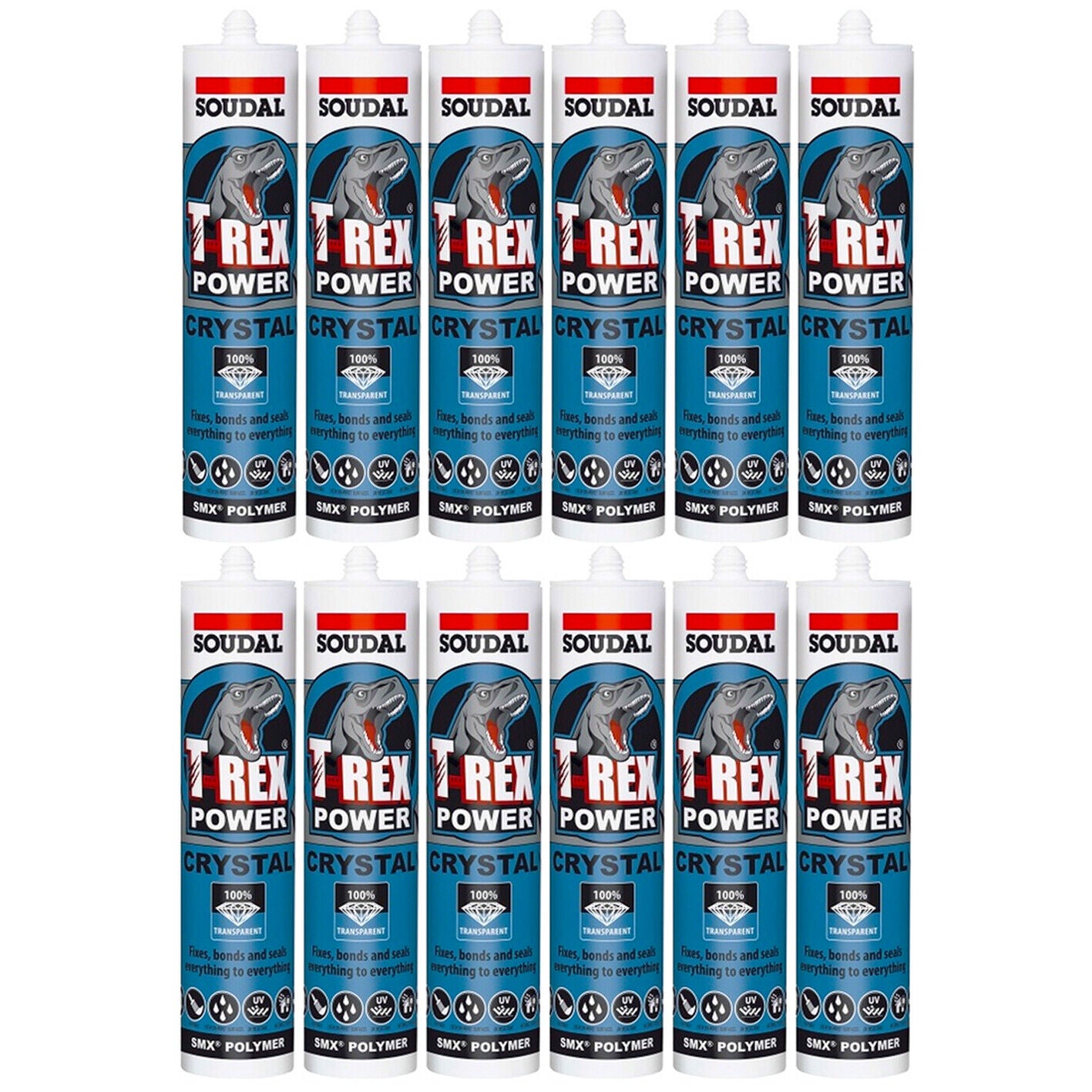 12x Soudal T-Rex Power Crystal CLEAR SMX Polymer Sealant Adhesive Glue 290ml