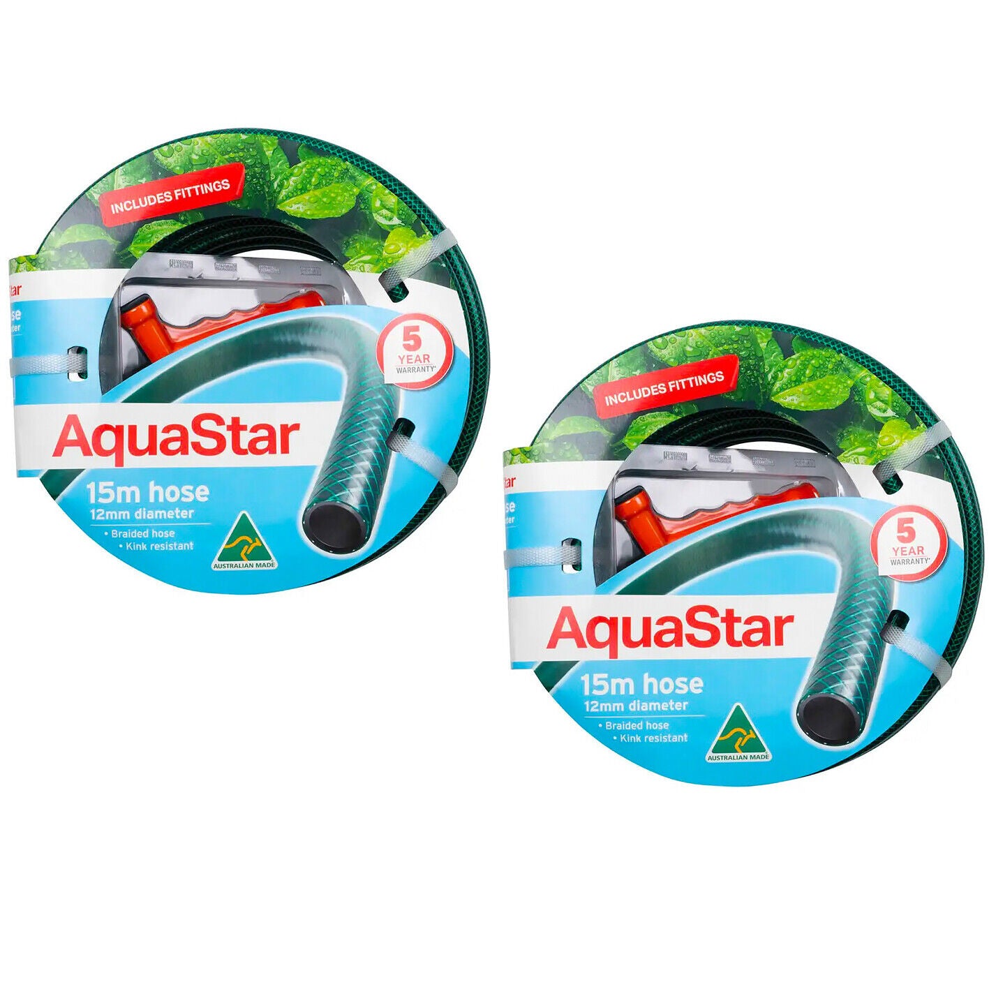 2x Garden Hose Aquastar® Quality Aussie 15M with Tap Fittings Garden Water Sets