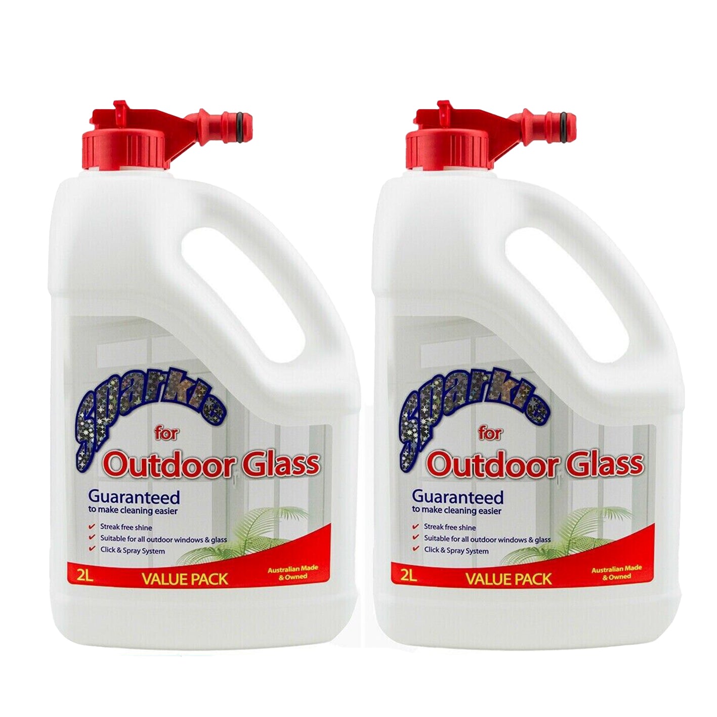 2x Glass Cleaner 2L PRO Hose On Window Clean Sparkle Outdoor Click Spray 2Ltr