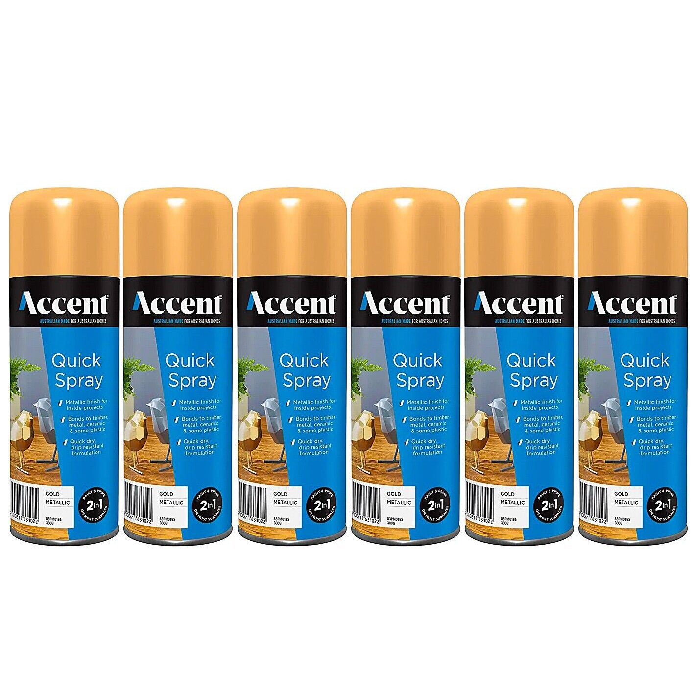 6x Spray Paint Can 300g Metallic Gold 2in1 Gloss Enamel Wood Metal Plastic