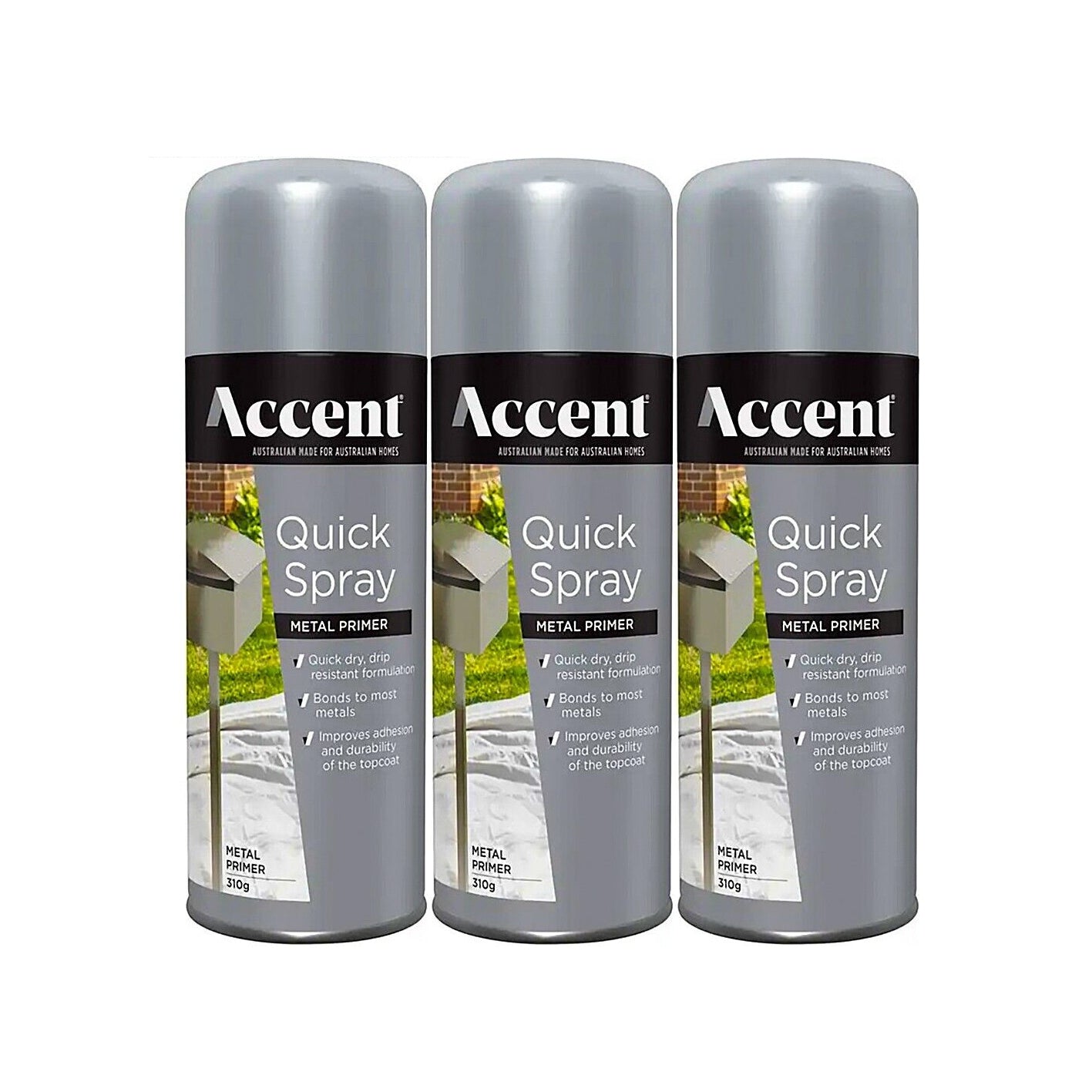 3x Spray Paint Can 310g Grey Metal Primer Quick Dry Smooth Bond Drip Resistant