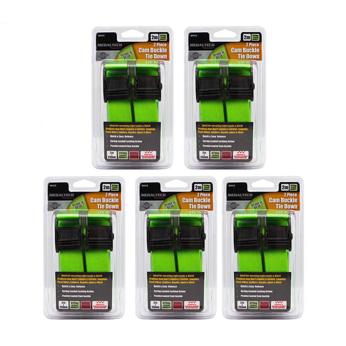 10PC Tie Down Cam Buckle Set 2m x25mm Straps 650kg Cars Trucks Trailer Ladder