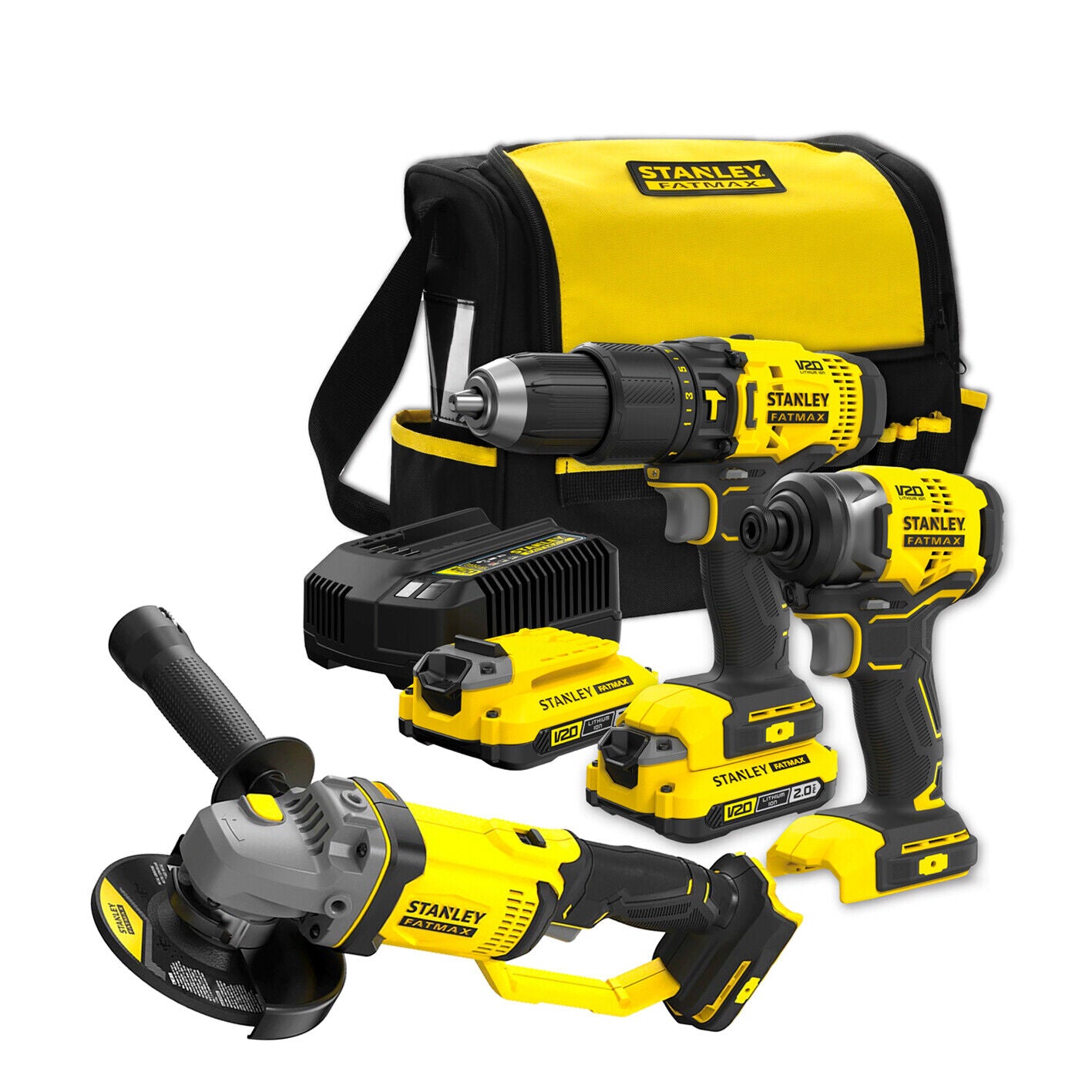 Stanley Fatmax 18V 7pc Combo Kit Drill Impact Driver Grinder with Batteries and Bag