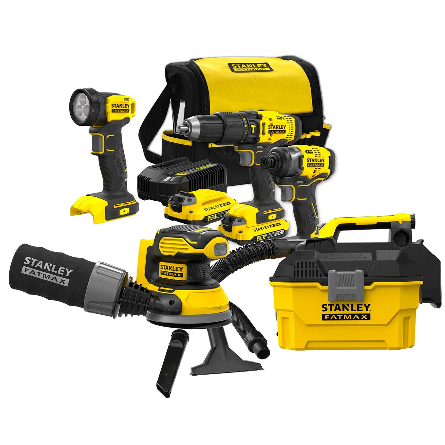 Stanley® Combo Kit 9pc 18V Fatmax V20 Drill Impact Driver Sander Vac Torch Set