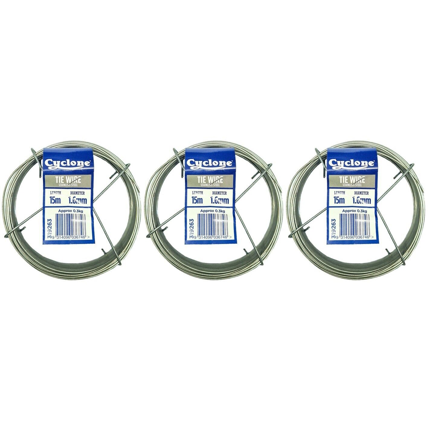 3x Tie Wire Stainless Steel Cyclone 1.6mm 15M Fence Fencing Tying Spool Cable