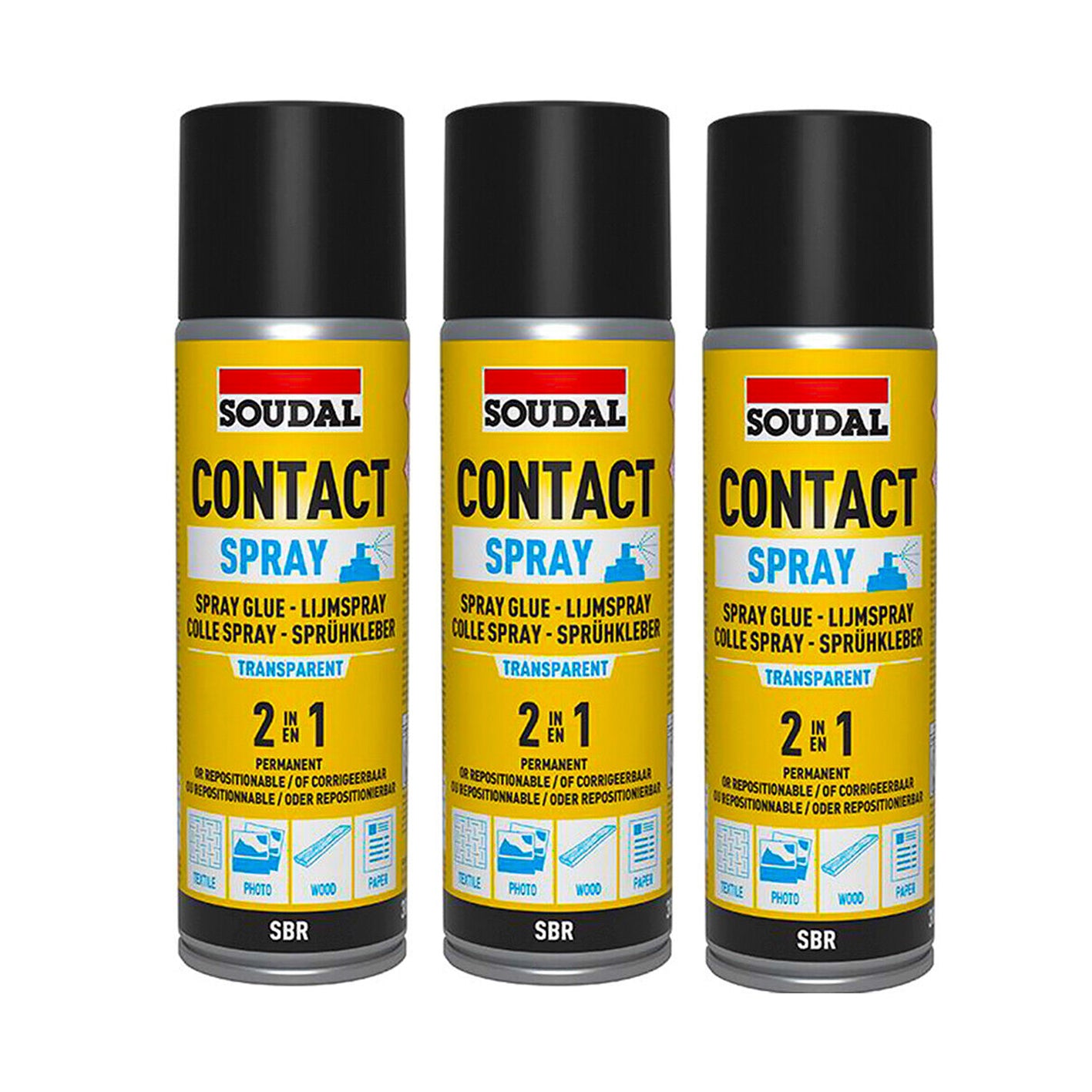 3x Contact Adhesive Spray Fast Grip Soudal 300ml Permanent Strong Glue Bonding