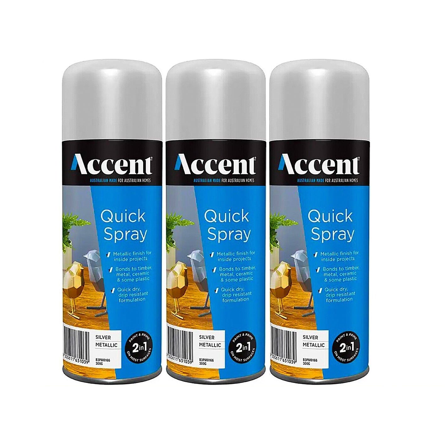 3x Spray Paint Can 300g Metallic Silver 2in1 Gloss Enamel Wood Metal Plastic