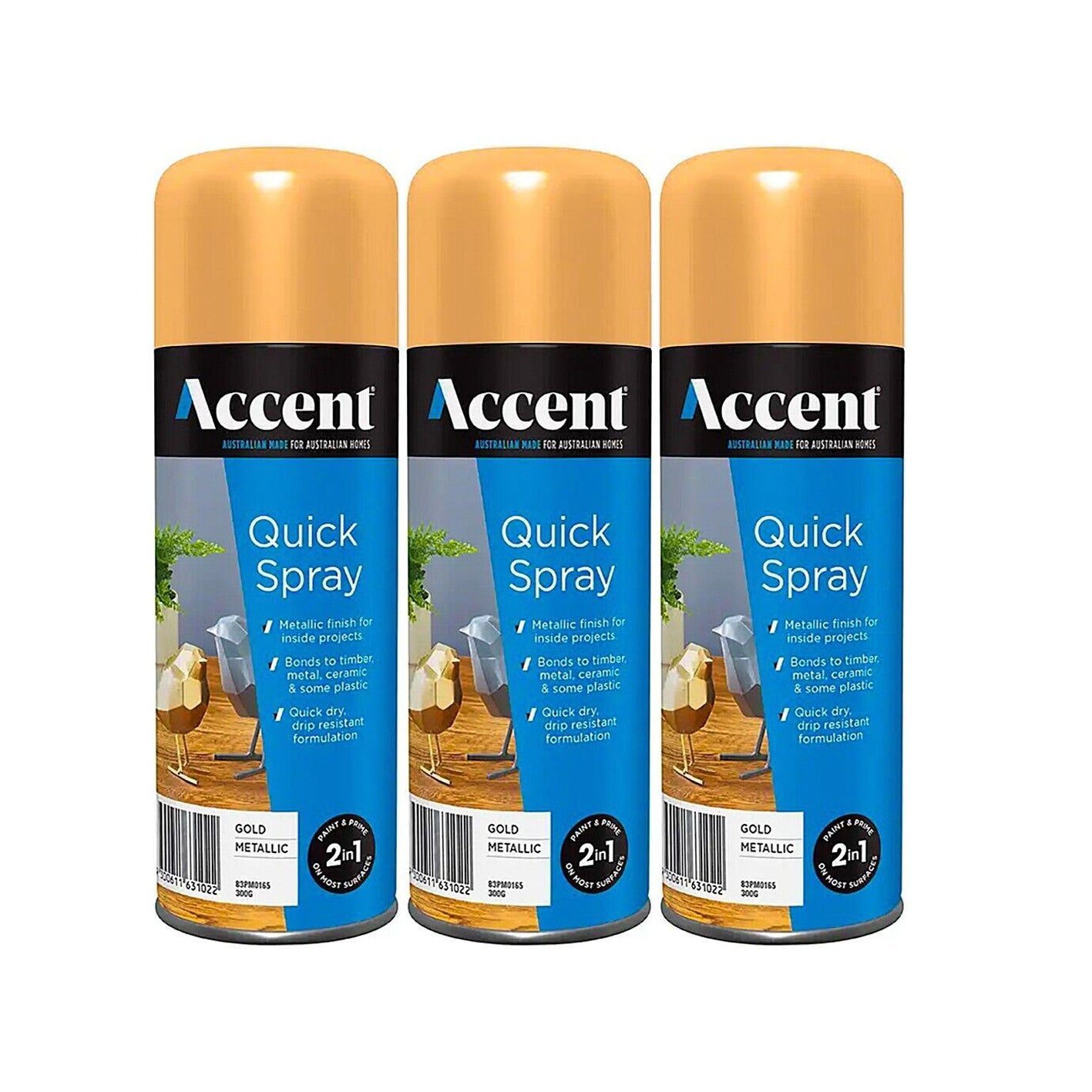 3x Spray Paint Can 300g Metallic Gold 2in1 Gloss Enamel Wood Metal Plastic