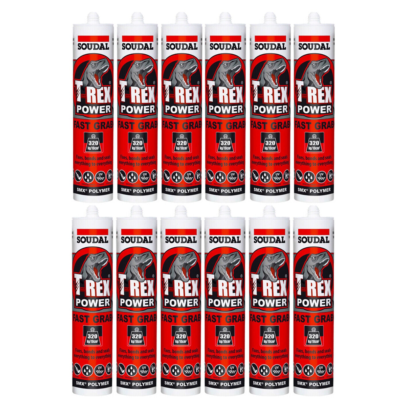 12x Soudal T-Rex Power WHITE Fast Grab SMX Polymer Sealant Adhesive Glue 290ml