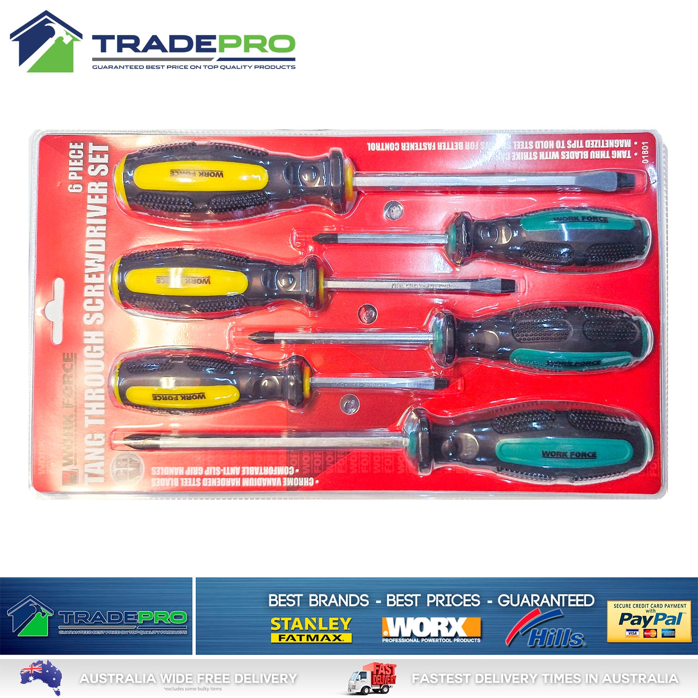 Screwdriver Set 6pc PRO Industrial Quality Tang-Thru Chrv-Van Blades Strike Cap