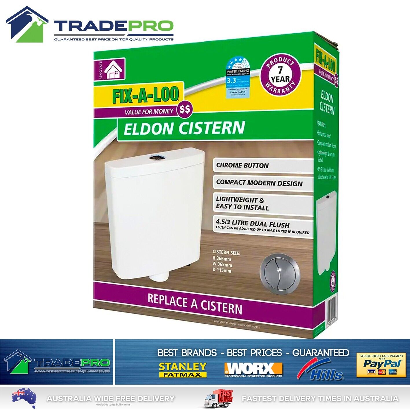 Toilet Cistern Eldon Universal Quality Dual Flush 4.5/3L Fix A Tap Modern WELS