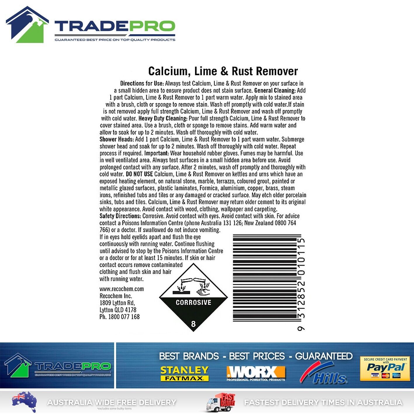 Cleaner Calcium Lime Rust CLR Stain Remover 1L Clean Sinks Bath Stainless Steel