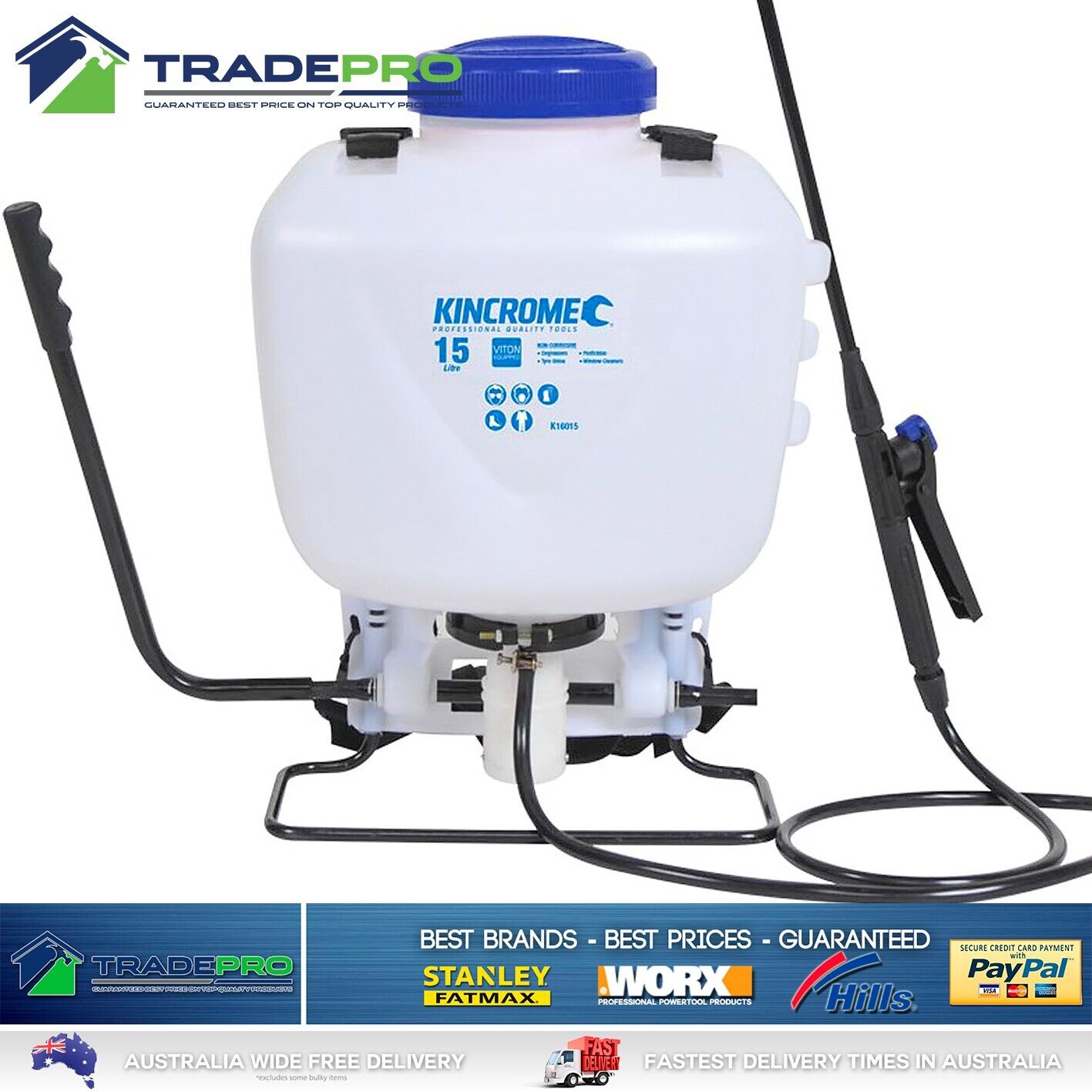 Garden Sprayer Kincrome PRO 15Ltr Backpack Adjustable Piston Pump Lance Portable