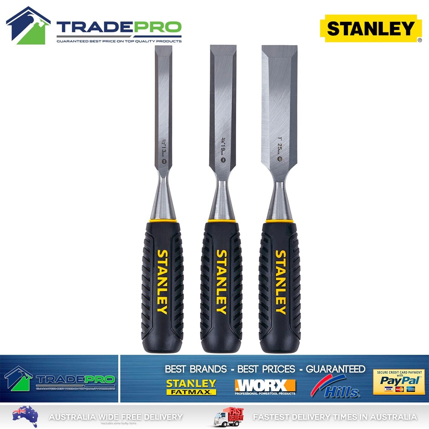 Genuine Stanley Heavy Duty 3 Piece Forged Hardened Chisel Set Wood Cutting PRO